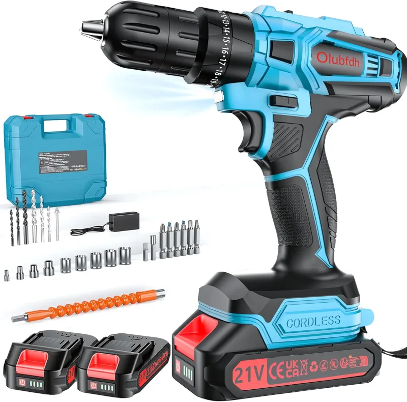 Taladro Percutor a Bateria 21V, Taladro Atornillador Bateria con 4000mAh Baterías, 45 Nm, 25+3 Ajuste Par (2 Velocidad y LED) Drill Adecuado para bricolaje en casa y jardín (Azul)