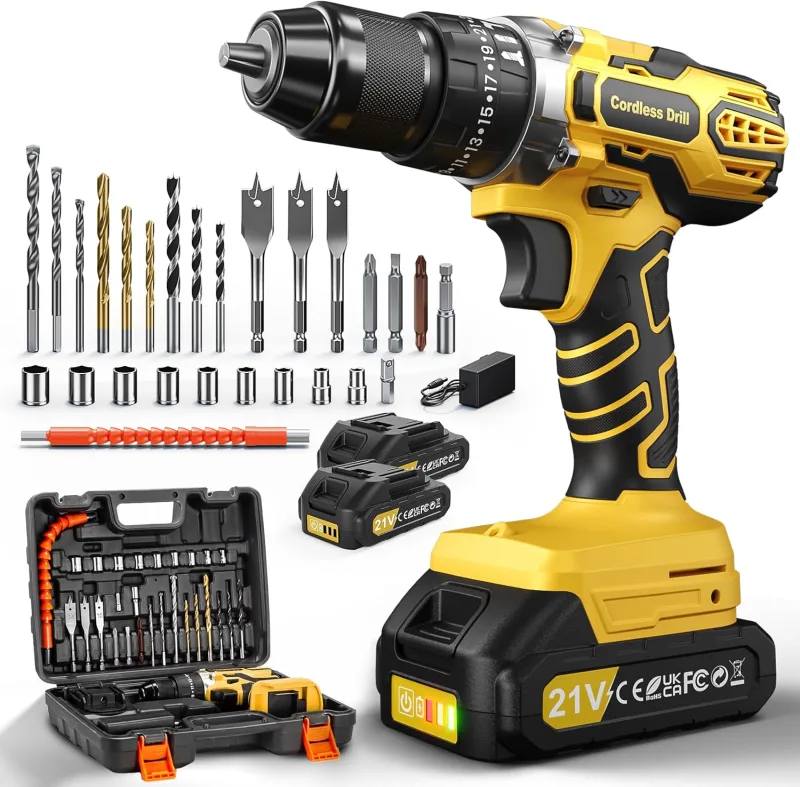 21V Taladro Percutor a Bateria, 45NM Taladro Atornillador Batería, 25+3 Ajuste Par Destornillador Electrico, 2x2.0Ah Baterías, 10mm Portabrocas Metálica, 2 Velocidad, 27 Accesorios, LED Luz