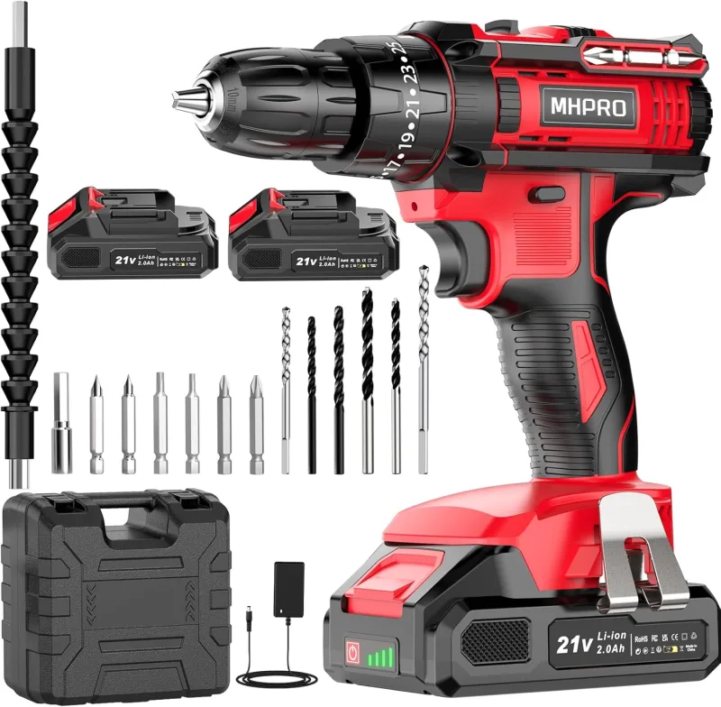 Taladro Percutor a Bateria 21V, Taladro Atornillador Bateria con 2 Baterías 2000mAh, 42Nm, 25+3 Ajuste de Par Destornillador Electrico, 30 Accesorios, 2 Velocidad, LED Luz Para Hogar, Bricolaje