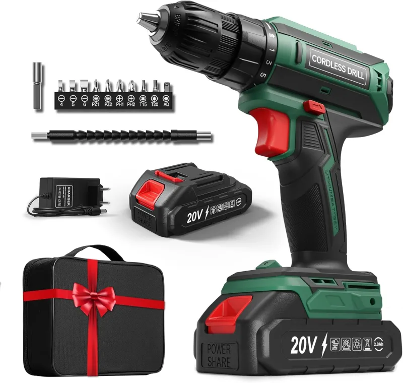 Taladro Atornillador Batería 20V, Taladro Bateria par Máximo 42Nm, Taladro Inalámbrico 2 Velocidades, Apto para Baterías Makita, 25+1 Niveles de Par, Batería 2000mAh, Portabrocas 10mm, Luces LED Verde