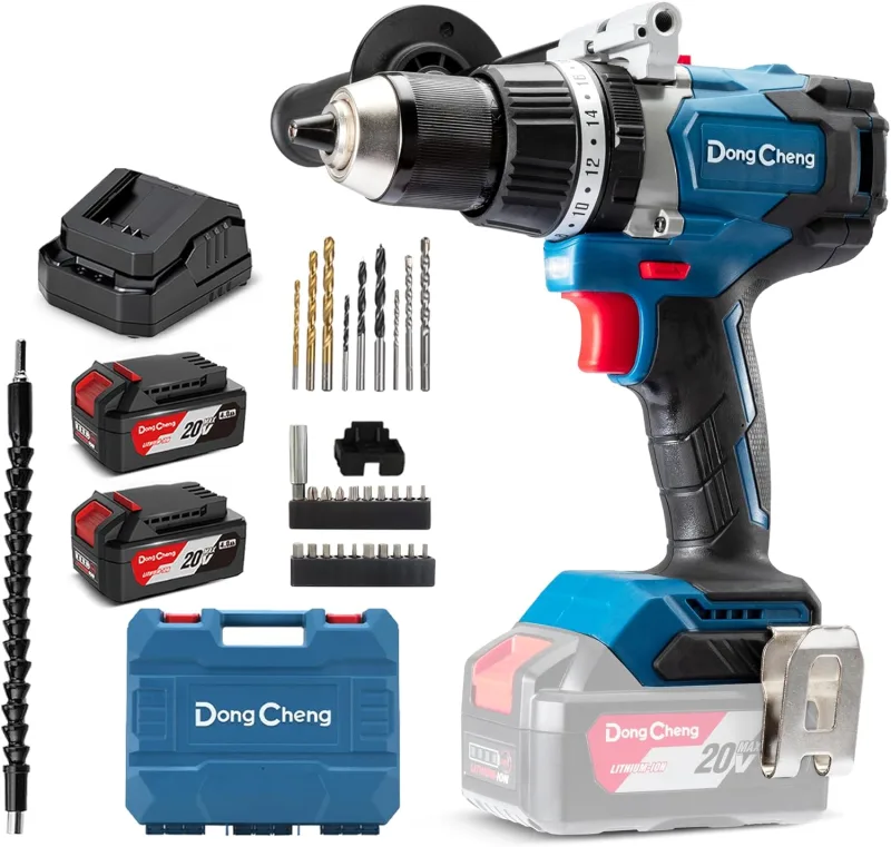 Dong Cheng 18V 120Nm Battery Hammer Drill Driver with 2x 4.0Ah 24+3 Torque Levels, 13 mm Drill Chuck, 2 Speeds for Drilling, Screwing and Percussion Drilling