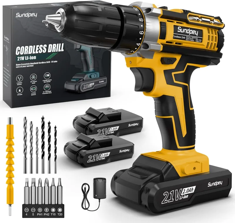 Sundpey Taladro Atornillador Bateria 21V - 45N.m Max Taladro Atornillador Electrico Inalámbrico con 2 Baterías de 2.0Ah, 18+1 Ajuste de Par, 2 Velocidad, Portabrocas de 10mm, LED para Hogar, Bricolaje