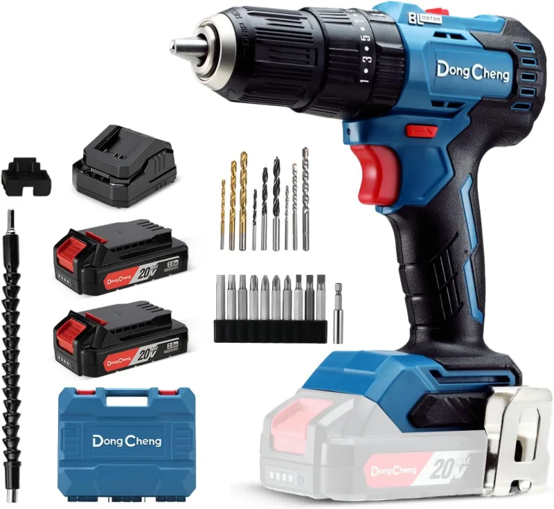 Dong Cheng Taladro Percutor a Bateria 20V 50Nm, taladro atornillador batería con 2x2.0Ah baterías, 20+3 Ajuste Par, Motore senza spazzole, 13mm Portabrocas Metálica, 2 velocidades