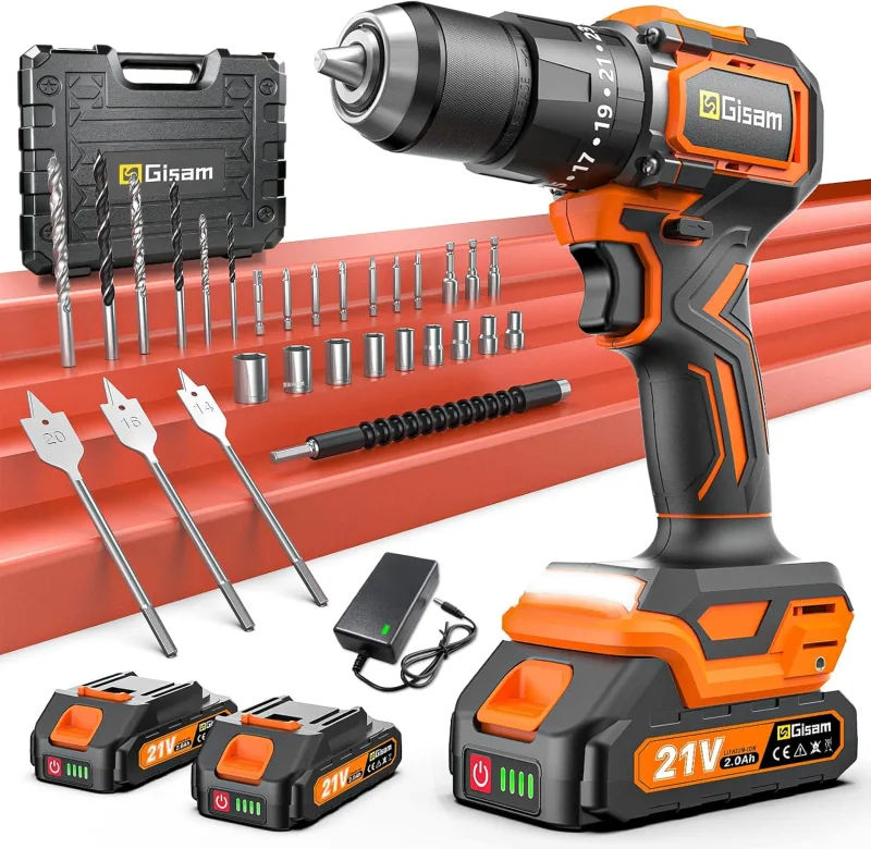 Taladro a Batería 21V, Kit Taladro Inalámbrico Con 2 Baterías, Motor Brushless 1200W 75Nm, 25+3 Niveles, Mandril 13mm, 2 Velocidades, Gran LED, 29 Accesorios Para Hogar & DIY de Jardín