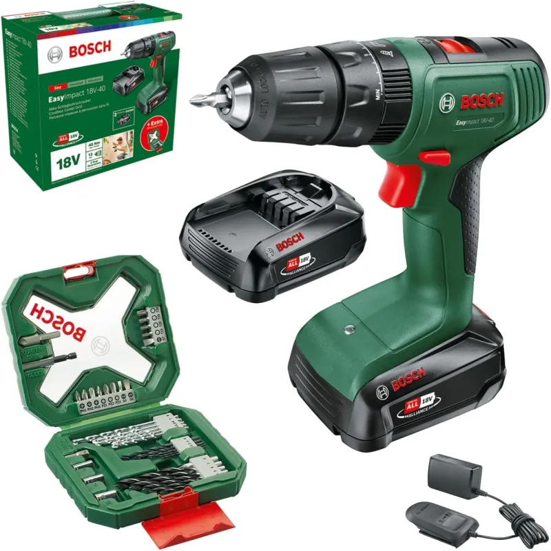 Bosch taladro percutor a batería EasyImpact 18V-40 (2x batería de 2,0 Ah, sistema de 18 V, set de destornilladores y brocas para madera, piedra y metal de 43 piezas, en caja)