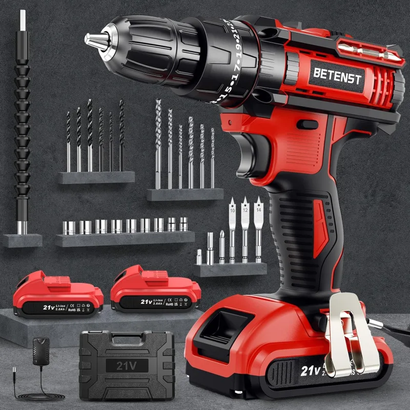 Taladro Percutor a Bateria, BETENST Atornillador Bateria 21V，Atornillador Electrico 42Nm con 2 Baterías 2.0Ah, 25+3 Ajuste de Par, 30 Accesorios, 2 Velocidad, LED Luz Para Hogar, Bricolaje