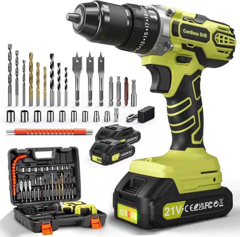 21V Taladro Percutor a Bateria, 45NM Taladro Atornillador Batería, 25+3 Ajuste Par Destornillador Electrico, 2x2.0Ah Baterías, 10mm Portabrocas Metálica, 2 Velocidad, 27 Accesorios, LED Green