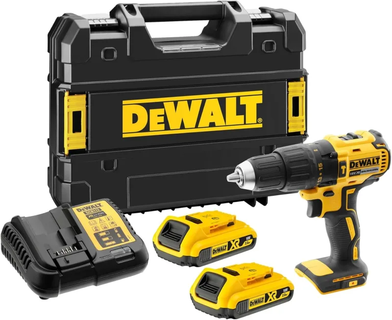 DEWALT XR 18V Brushless Taladro Atornillador Percutor Compacto a Batería, con 2 Baterías XR Li-Ion 2Ah, Cargador, Maletín, Alto Par, Luz LED, Rendimiento Versátil - DCD778D2T-QW