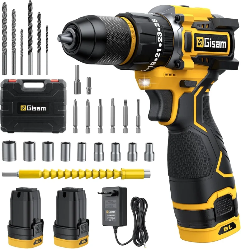 Taladro Percutor a Bateria, 65Nm Destornillador Eléctrico con Ajuste de Par 25+3 Modos, Taladro Atornillador Bateria con 2 Baterías 2000mAh, 2 Velocidad, 28 Accesorios, LED Luz Para Hogar, Bricolaje