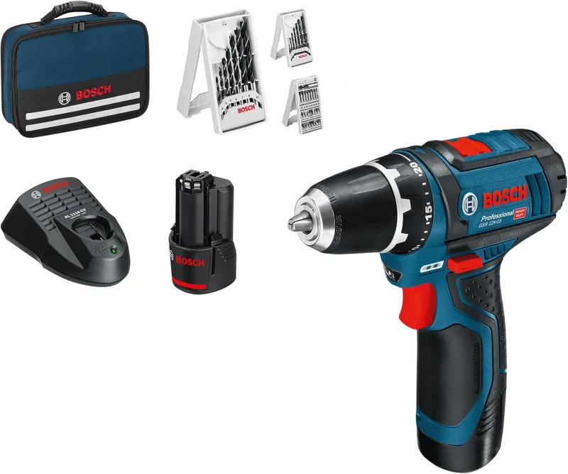 Bosch Professional 12V System atornillador a batería GSR 12V-15 (incl. 2 baterías de 2,0, cargador, set de 39 accesorios, bolsa de herramientas) - Set exclusivo de Amazon