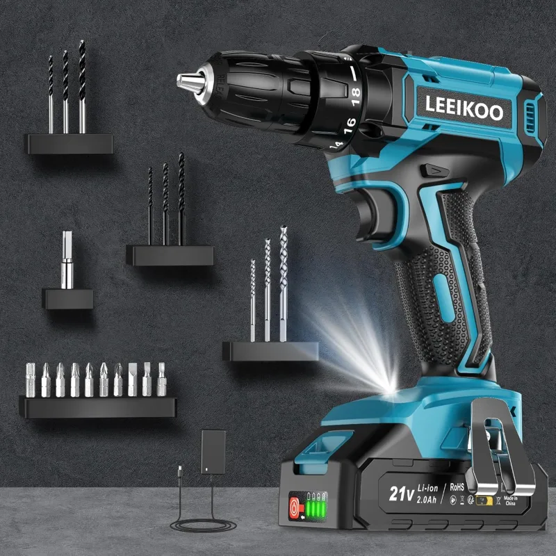 Taladro Atornillador Bateria 21V, LEEIKOO Atornillador Electrico con 2.0Ah Batería, 42Nm, 18+1 Ajuste de Par, 20 Accesorios, 2 Velocidad, LED Luz Para Hogar, Bricolaje, Azul