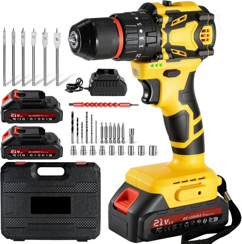 Taladro Percutor a Bateria Sin Escobillas,21V Taladro Atornillador Batería con 2 Baterías 2.0Ah,70Nm,25+3 Ajuste de Par,2 Velocidades, LED Luz, 29 Accesorios, Para Bricolaje
