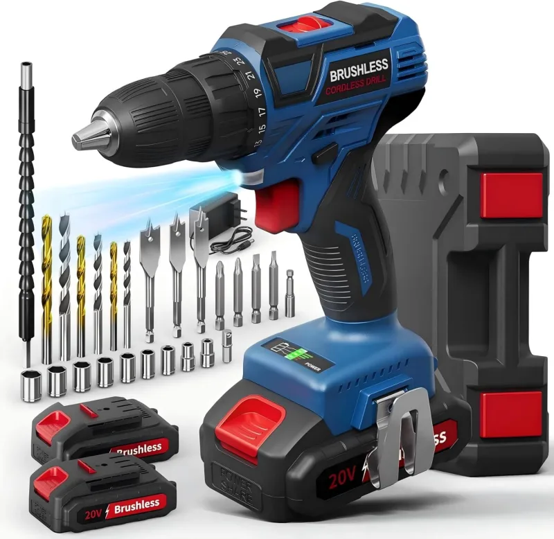 20V Taladro Atornillador Batería, Taladro Bateria, Atornillador Electrico 2 Baterías 2.0Ah y Accesorios 25 Piezas, 60Nm Máx, 25+1 Ajuste de Par, 2 Velocidad, Portabrocas de 10mm, LED Luz