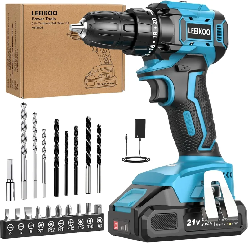 Taladro Atornillador Batería Sin Escobillas, LEEIKOO Atornillador Electrico con 2.0Ah Batería, 45N.m Taladro Inalámbrico, 21 Ajustes de Par, 20 Accesorios, 2 Velocidad, Luz LED Para Bricolaje, Azul