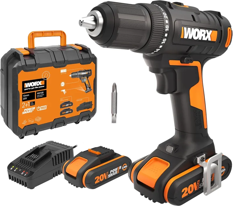 Worx wx108 Taladro atornillador 20V Máx. PowerShare, ligero, 2 baterías 2Ah, cargador y maletín Portabrocas 13mm, 45Nm, Luz LED y punta de atornillar doble