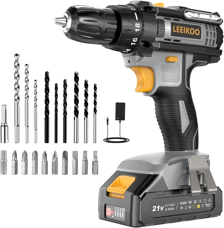 Taladro Atornillador Batería, LEEIKOO Atornillador Electrico 21V, 42N.m con Baterías 2.0Ah, 18+1 Ajuste de Par, 2 Velocidad, LED Luz, 20 Accesorios Para Hogar, Bricolaje, Gris