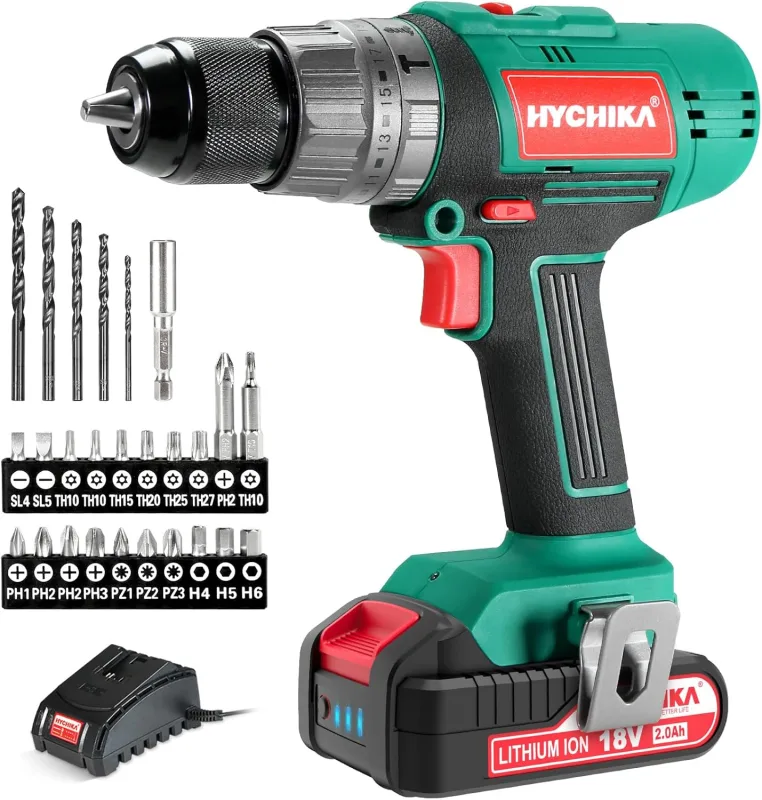 HYCHIKA Taladro Percutor Atornillador 18V 45Nm, Taladro Percutor con 2.0 Ah Batería, 27 Accesorios, 21+3 Ajustes de Par, 2 velocidades ajustables,Cargador Rápido, Para Reparaciones en El Hogar