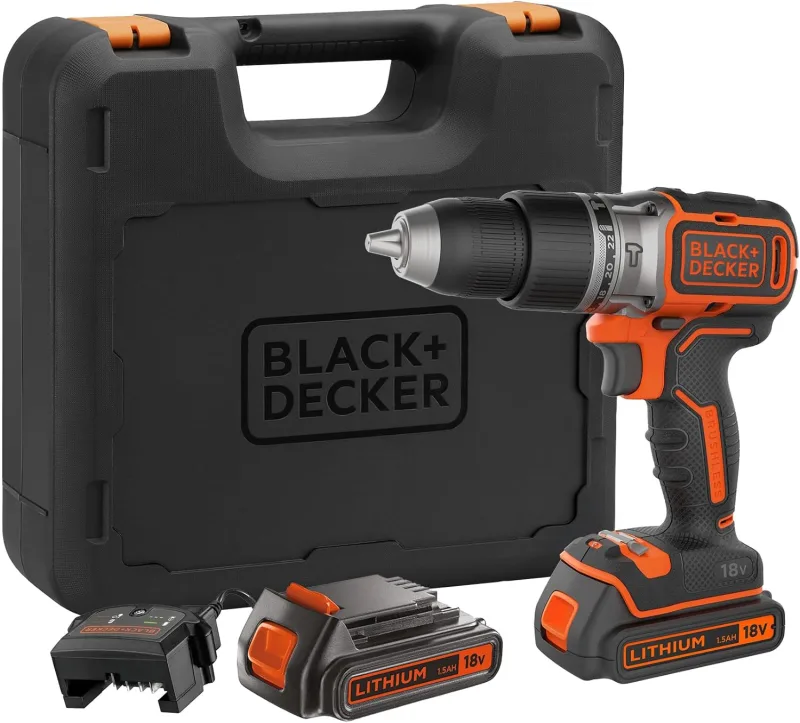 BLACK+DECKER Taladro percutor sin escobillas de 18V y 2 marchas, 28.000 BPM, 52Nm de par, incluye 2 baterías de 1,5Ah, cargador y kitbox, BL188KB-QW