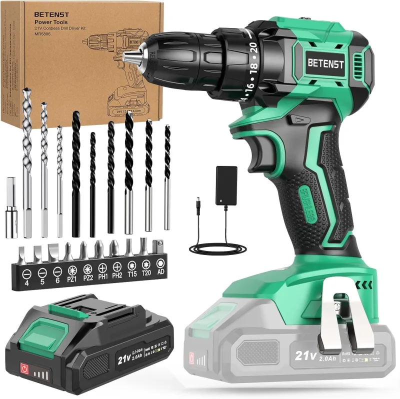 Taladro Atornillador Batería Sin Escobillas, BETENST Atornillador Electrico 21V con 2.0Ah Baterías, 45N.m Taladro Inalámbrico, 20 Ajuste de Par, 20 Accesorios, 2 Velocidad, Luz LED Para Bricolaje