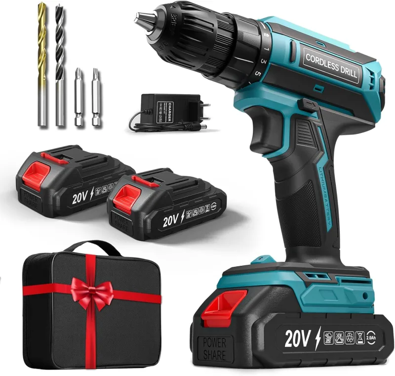 Drill Driver Battery with 2 Batteries, 20V Drill Battery Max Torque 42Nm, 2 Speed Cordless Drill, Suitable for Makita Batteries, 25+1 Torque Levels, LED Lights, Drill Chuck 10 mm