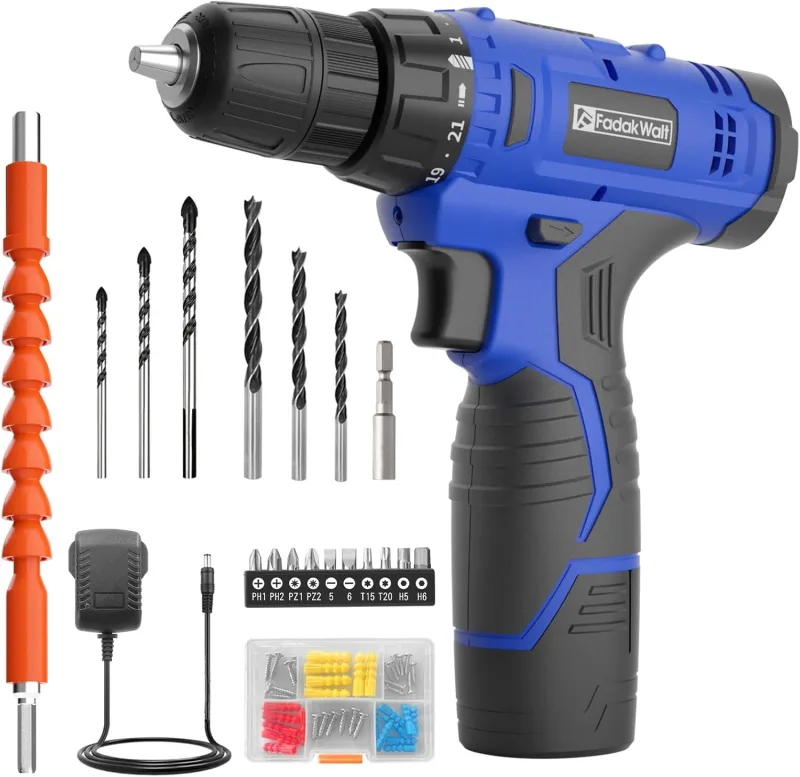 FADAKWALT Taladro Atornillador Batería 12V, Taladro Inalámbrico Juego de 50 Piezas, 19 Nm, 21+1 Ajustes de Par, Luz LED, Atornillador Bateria para Bricolaje en Casa y Jardín (Azul)