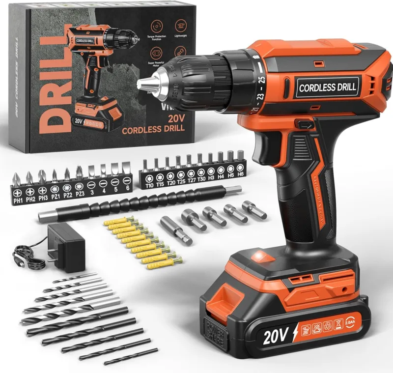 Drill Driver Battery, 20V Electric Screwdriver, 25+1 Pair Adjustment, 42Nm Cordless Drill, LED Light, Drill Accessories Set Battery 56 Pieces for DIY, Orange