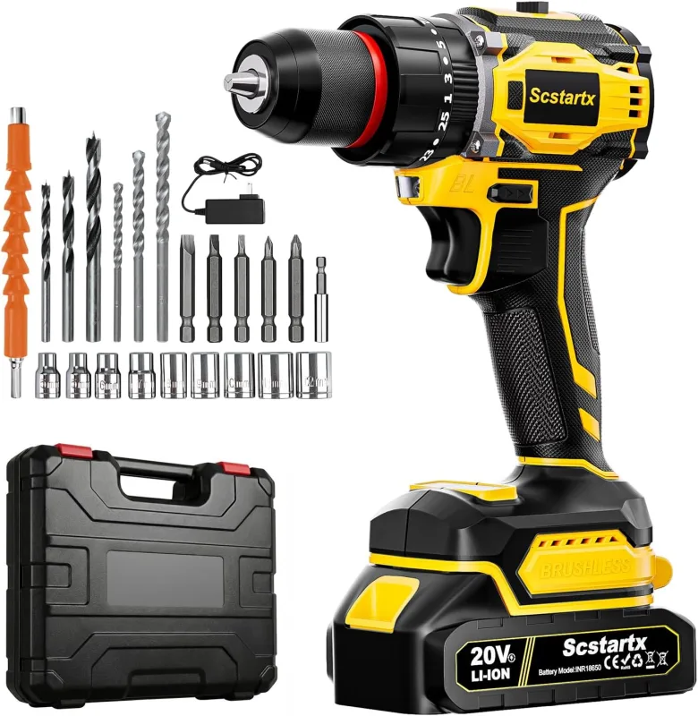 20V Cordless Brushless Drill Driver (3/8 inch) - Compact 24 Piece Kit, High Torque 70Nm, 2.0Ah Li-Ion Battery for Home DIY & Apartment Repairs, Furniture Assembly