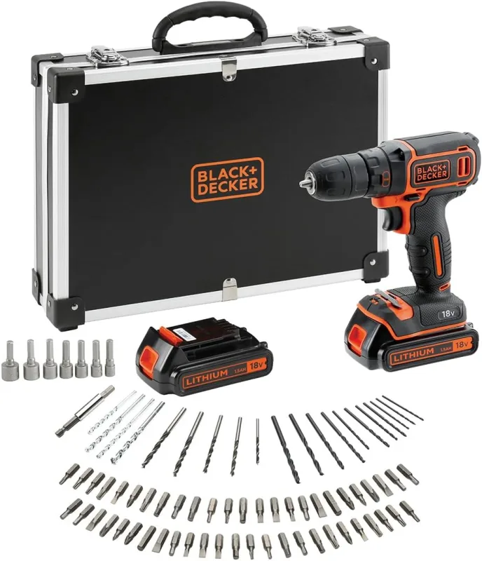 BLACK+DECKER Kit de taladro atornillador INALÁMBRICA de 18V con 2 baterías de 1,5Ah, cargador rápido, juego de 80 accesorios y maletín de transporte, BDCDC18BAFC-QW