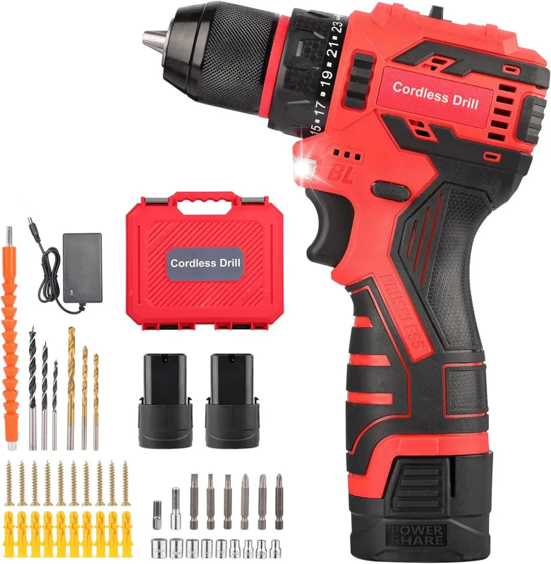 Taladro Percutor a Bateria, 60Nm 16.8V Destornillador Electrico Atornillador 2x2.0Ah Baterías 23+1 2 Velocidad Auto-bloqueante 10mm, 24 Accesorios Cordless Drill LED Luz S2 para Bricolaje y Reparación