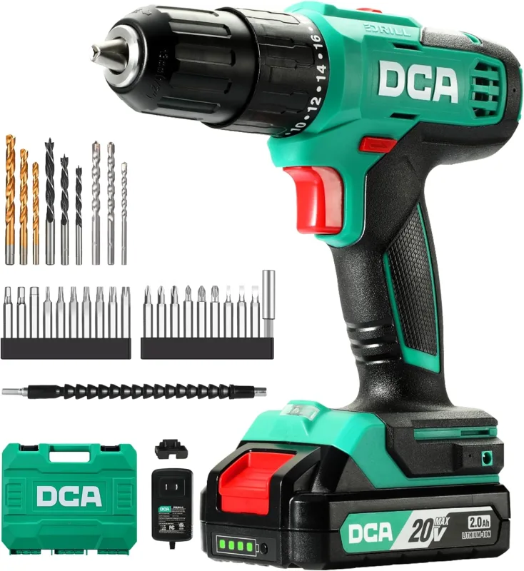 DCA Taladro percutor inalámbrico 20V, 40 Nm, portabrocas automático de 13 mm, 22500 IPM, 2 velocidades, 18+1+1, taladro de impacto con 14 brocas/destornilladores para ladrillo, metal y madera