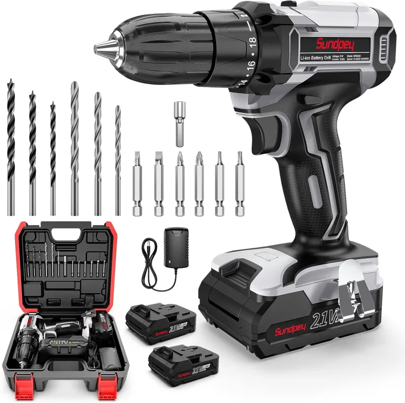 Sundpey 45N.m Battery Drill Driver, 21 V Electric Drill with 2 2.0Ah Batteries, 18 + 1 Torque Settings, Cordless Drill with 2 Speeds with LED, 10 mm Clamp (Grey)
