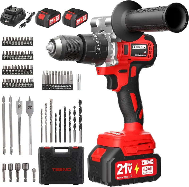 TEENO Taladro Atornillador Inalámbrico para Batería Makita de 21V 2 * 4,0 Ah Baterías,130 Nm Taladro Percutor Bateria,20+3 Configuraciones de Par,2 Velocidades, LED,76 Accesorios y Maletín