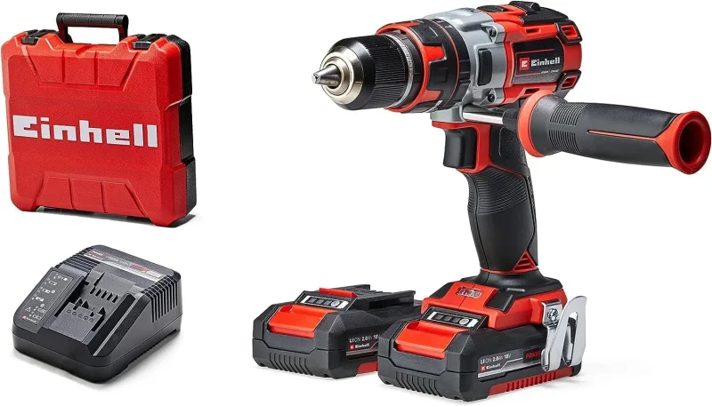 Einhell Atornillador inalámbrico TE-CD 18 Li-i Brushless Power X-Change (con función de impacto, Li-Ion, 18 V, 2 velocidades, 60 Nm, luz LED, maletín, incl. 2 baterías de 2,0 Ah y cargador)