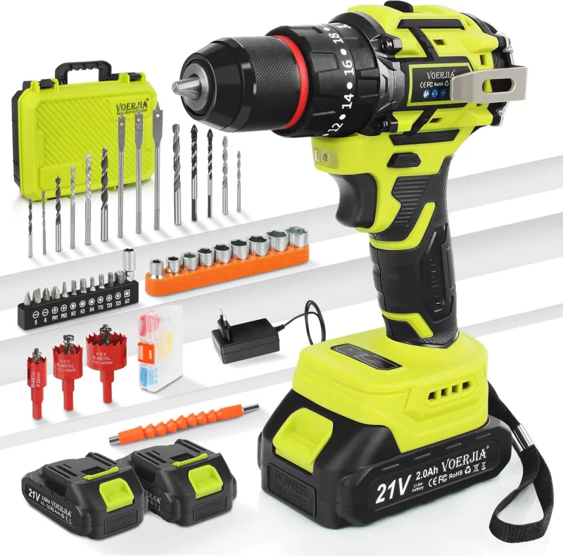 21V Battery Hammer Drill, Electric Drill Driver with Brushless Motor, 2 Batteries 2000mAh, 65Nm Max Torque, 20+3 Settings, 2 Speeds, 10mm Mandrel, LED, 46 Accessories, Case