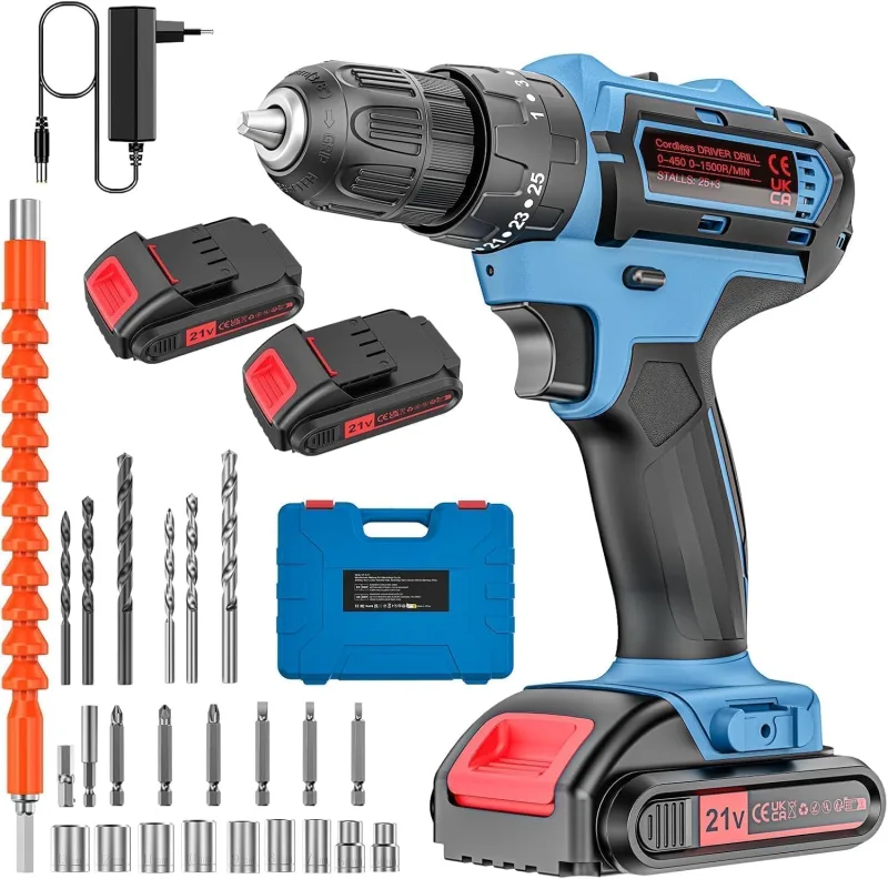 Taladro Atornillador 21V con Maletín – Pack de Bricolaje: 2 Baterías 2000mAh, 2 Velocidades, 25+3 Ajustes de Par, Mandril 10mm y 24 Accesorios – Ideal para Hogar y Montaje de Muebles (XL01-H)