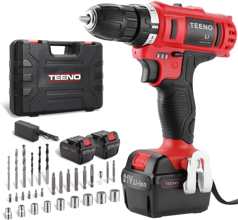 TEENO - Taladro atornillador inalámbrico PSR 21V + 2 baterías de litio + 41 accesorios + guantes profesionales