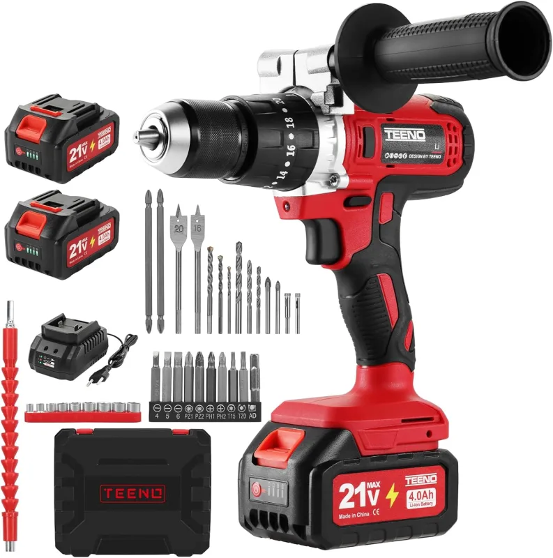 TEENO Taladro Atornillador Inalámbrico para Batería Makita de 21V 2 * 4,0 Ah Baterías, 90 Nm,20+3 Configuraciones de Par, 2 Velocidades, LED, 39 Accesorios y Maletín