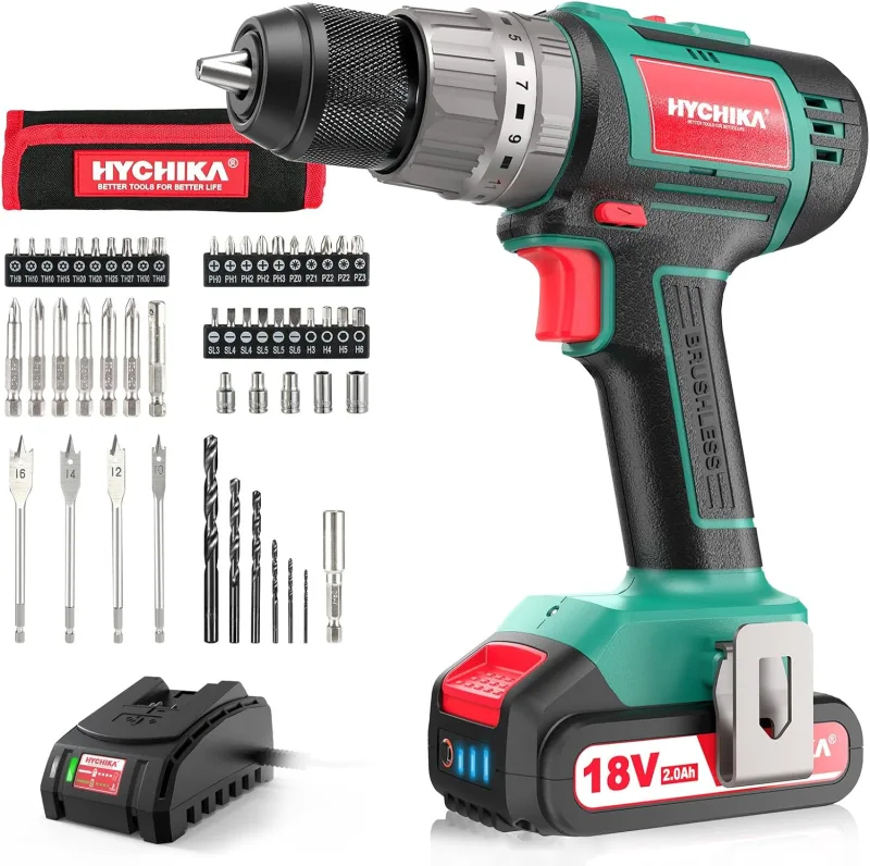 HYCHIKA Taladro Atornillador Brushless 18V, Taladro Percutor a Bateria 2.0Ah, Taladro Atornillador Batería con 60Nm, 53 Accesorios, 21+3 Ajustes, Cargador Rápido, 2 Velocidad, LED Para Hogar Bricolaje