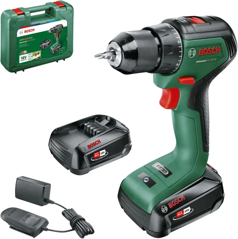 Bosch Home and Garden atornillador a batería UniversalDrill 18V-60 (2 baterías de 2,0 Ah, sistema de 18 V, en maletín de transporte)