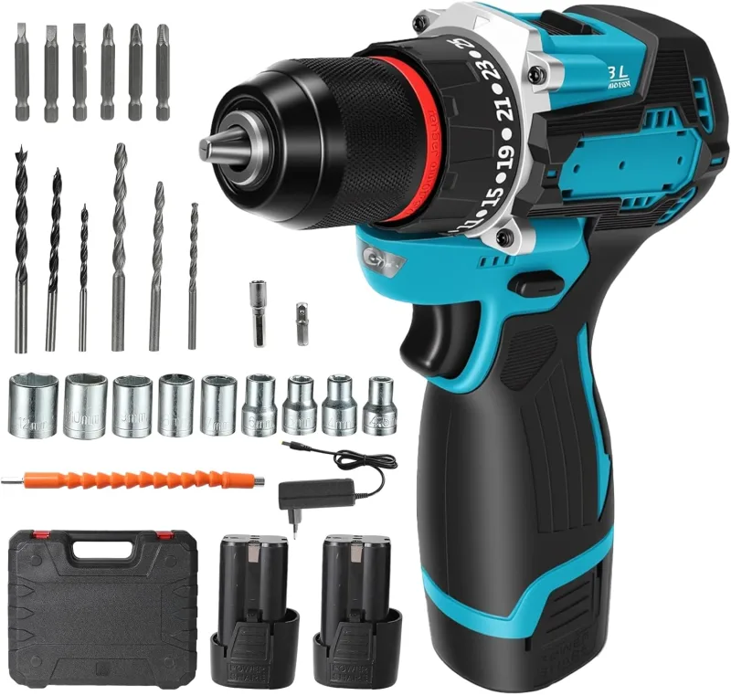 Taladro Atornillador Batería,16.8V Taladro Atornillador Inalámbrico, LED Luz, 55Nm Atornillador, 25+1 Ajuste Par,2 Velocidad,29 Accesorios Cordless Drill para en casa y jardín,bricol (blue)