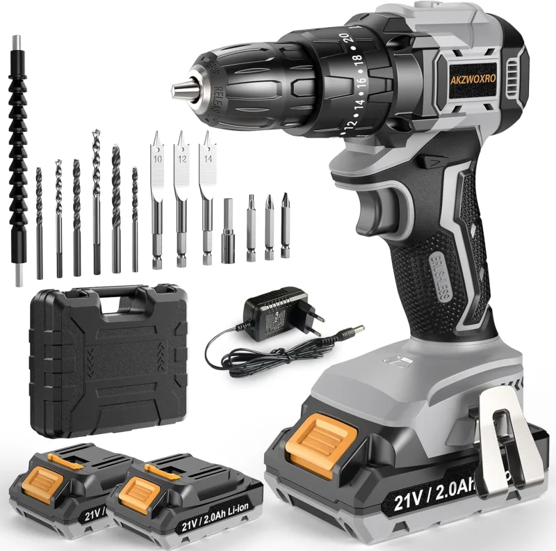 Hammer Drill Battery 21V, Brushless Drill Driver Battery with 2x2.0Ah Batteries, Electric Screwdriver 45N.m, 20+3 Torque Adjustment, 14 Accessories, 2 Speed, Grey