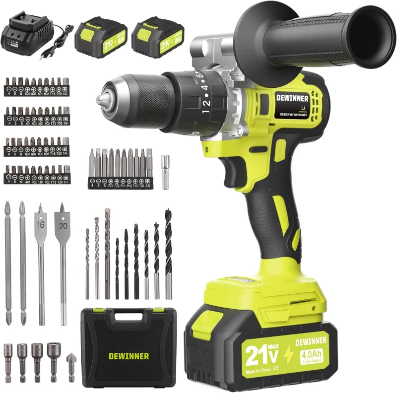 DEWINNER Cordless Drill Driver for Makita Battery 21 V 2 x 4.0 Ah Batteries, 130 Nm Hammer Drill Battery, 20 + 3 Pair Settings, 2 Speeds, LED, 76 Accessories and Case