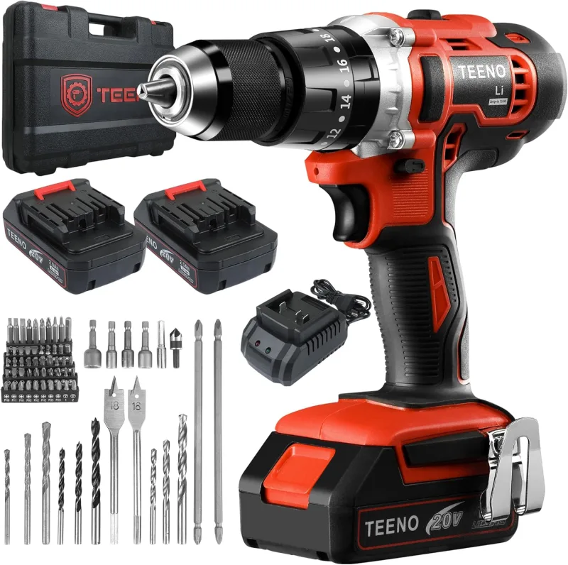 TEENO Cordless Drill Driver 2 x 2.0 Ah Batteries, Screwdriver 45 Nm Hammer Drill, 25 + 3 Torque Settings, 69 Accessories + Case, LED, DIY