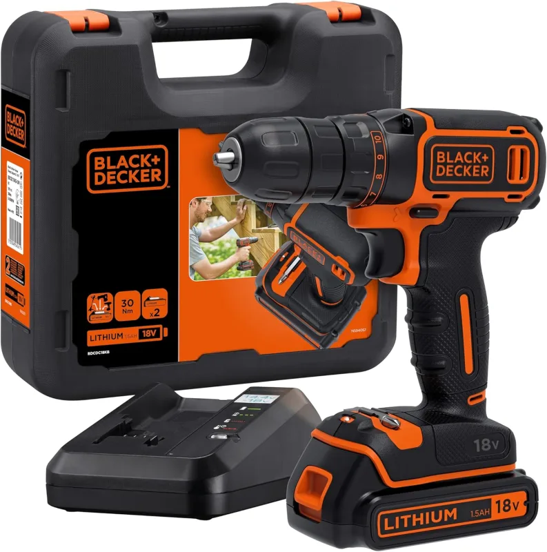 BLACK+DECKER Taladro Atornillador 18V, Par máximo 30Nm, Portabrocas 10mm, 1 Batería Litio 1.5Ah, Luz LED, Incluye Cargador 400mA y Maletín - BDCDC18K-QW