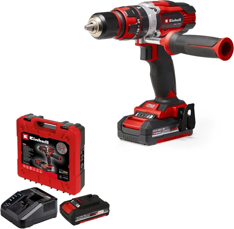 Einhell Taladro percutor sin cable TE-CD 18/48 Li-i (2x2,0 Ah) Power X-Change (iones de litio, incluye función de taladro de percusión, incluye 2 baterías de 2,0 Ah PXC, cargador y maletín)