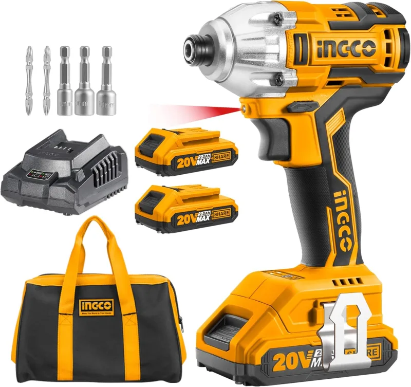 INGCO Brushless Impact Driver 20V Drill Driver Battery 180 Nm with 2 2Ah Batteries 1 Quick Charger LED Work Light CIRLI2002