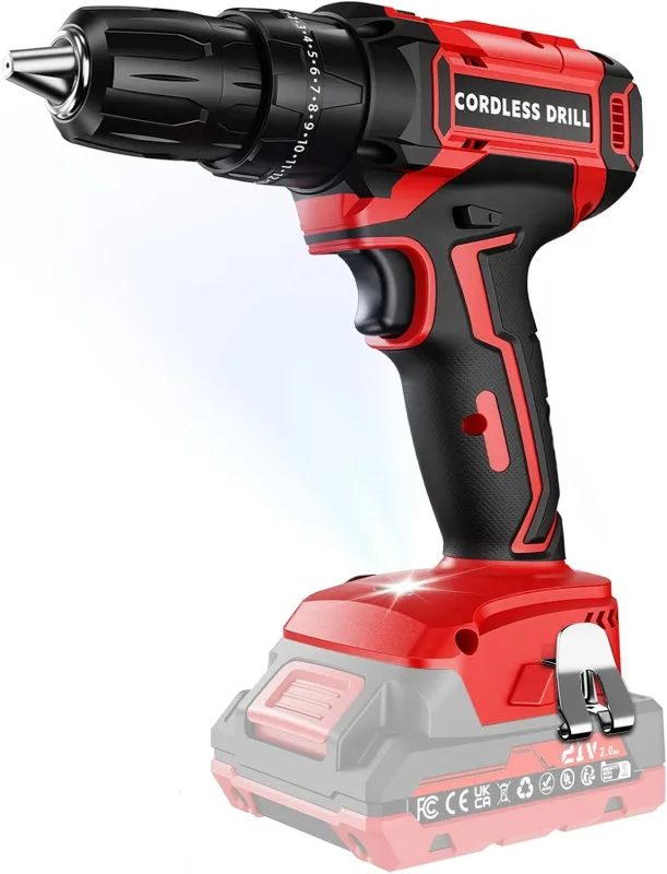 Taladro Percutor a Bateria 21V, Taladro Atornillador Bateria, 45 Nm, 25+3 posiciones de par (2 Velocidad y LED) Adecuado para bricolaje en casa y jardín (Solo taladro eléctrico)