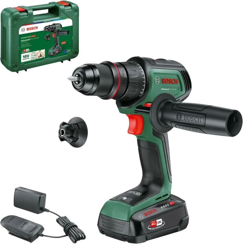 Bosch Taladro/atornillador con batería AdvancedDrill 18V-80 (taladrar/atornillar; sist. 18V; 78 Nm; portabrocas 13 mm; caperuza magn.; empuñadura adic.; con batería y cargador)