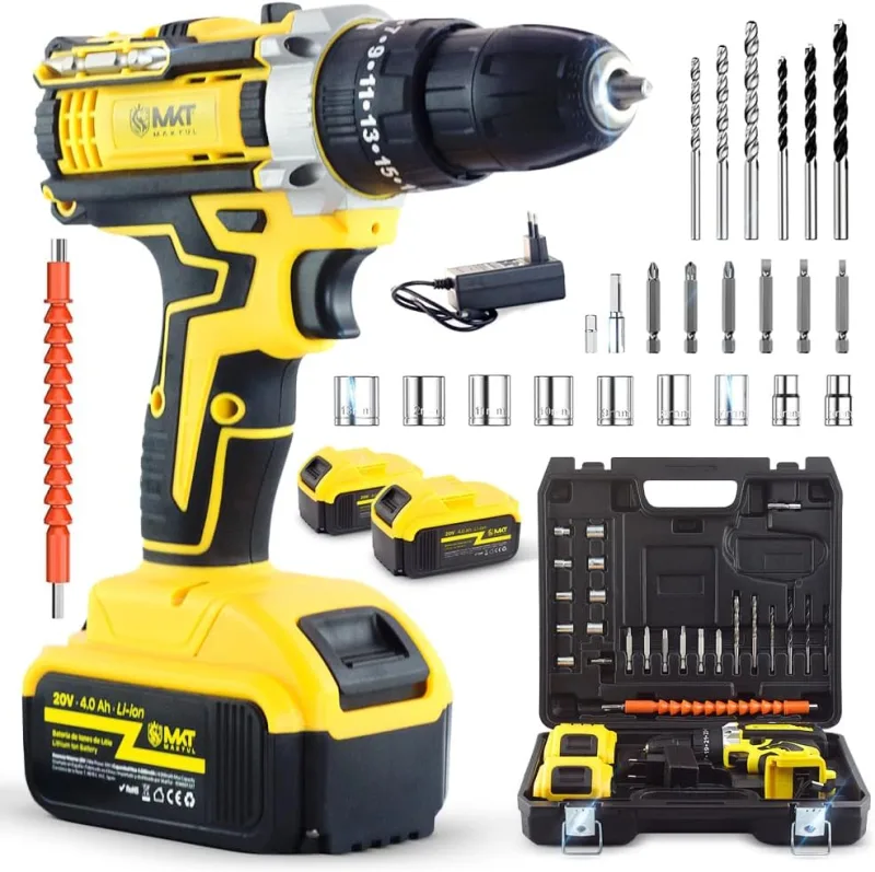 MAKTUL Powerful Battery Hammer Drill 2 x 4000 mAh 20 V Electric Screwdriver Multi-Function Cordless with Accessories DIY 100% Compatible, Light Level Adjustment Torque, 2 Speeds