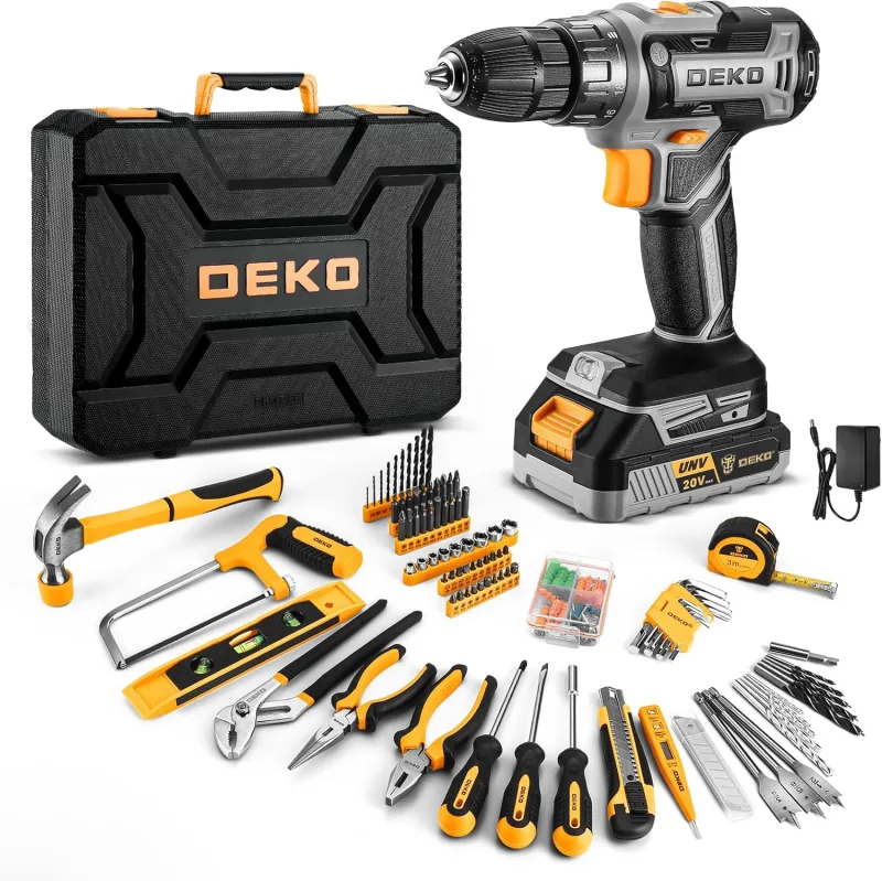 DEKO Complete Tool Box with Electric Screwdriver/Drill with 20V Battery, 186 Piece Case, Professional DIY Home Tool Box for Offices and Gardens